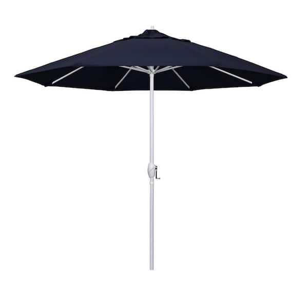 California Umbrella 9 ft. Matted White Aluminum Market Patio Umbrella Auto Tilt in Navy Blue Pacifica