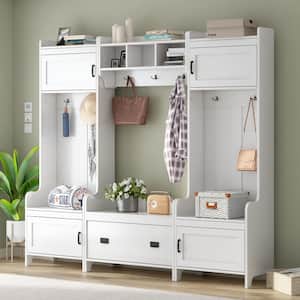 78.8 in. 4-in-1 Multiple Functions White Hallway Coat Rack Entryway Bench Hall Tree with 7 Metal Hooks, Storage Drawer