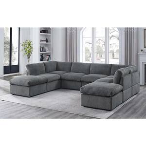 129 in. Armless Polyester Corduroy Upholstery U-Shaped Deep-Seated Oversized 8-Pieces Corner Sectional Sofa in Grey