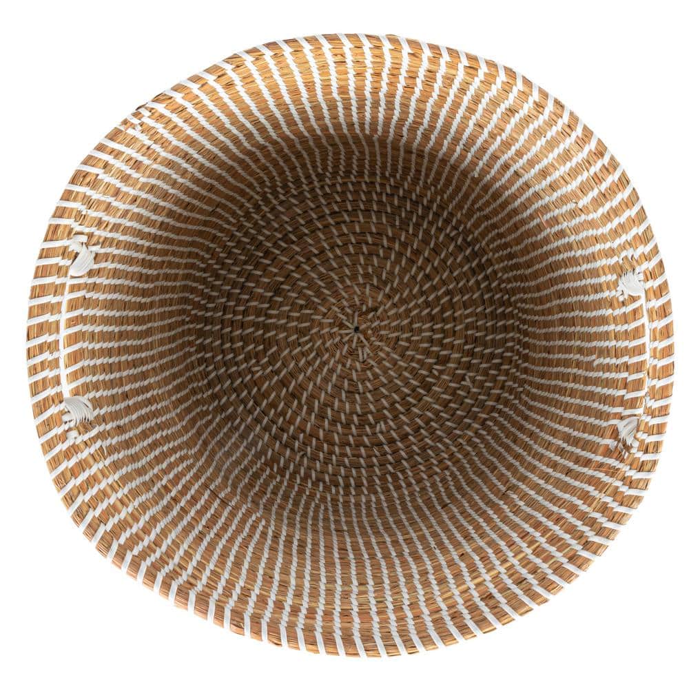 Natural Seagrass and White Wood Round Drum Side Table Set
