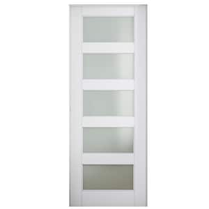 30 in. x 80 in. 5-Lite Frosted Glass Left Handed White Solid Core MDF Prehung Door with Quick Assemble Jamb Kit