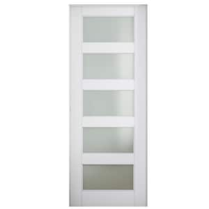 30 in. x 80 in. Left Handed 5-Lite Frosted Glass White Solid Core MDF Single Prehung Interior Door with Assemble Jamb