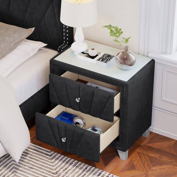 black nightstand with glass top