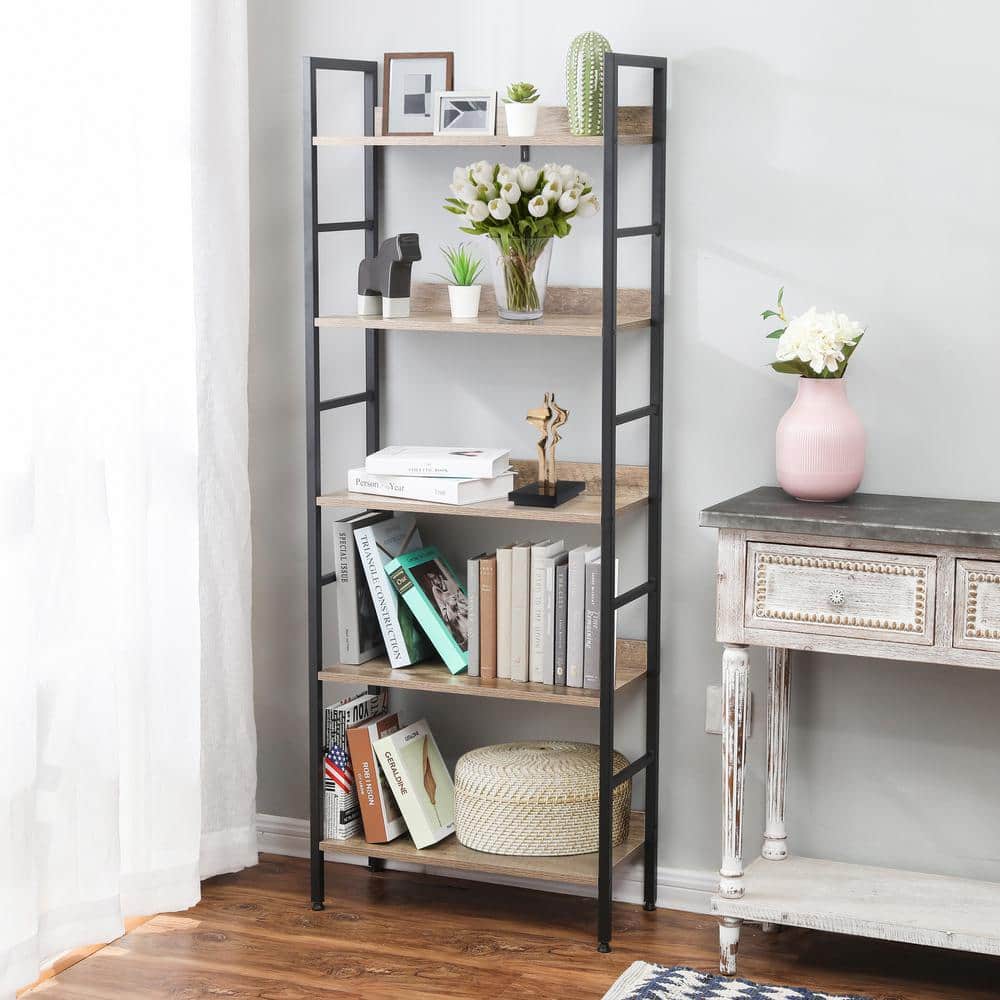 Industrial Black Metal and Wood 5-Shelf Etagere Bookcase