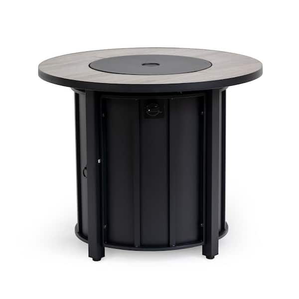 Patio Black Brown Round Steel Outdoor Fire Pit Table 26 in. Height with 50,000 BTU and Wood Grain Ceramic Tabletop