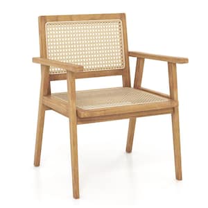 Indonesia Teak Wood Outdoor Dining Chair with Natural Rattan Seat and Curved Backrest