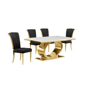Ibraim 5-Piece Rectangle White Marble Top Gold Stainless Steel Dining Set With 4 Black Velvet Gold Iron Leg Chairs
