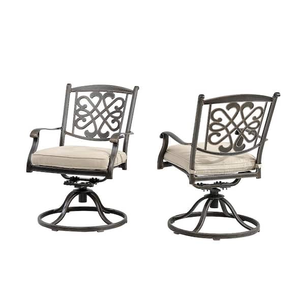 Kadehome Swivel Cast Aluminum Chairs Outdoor Dining Chair with Beige Cushions (Set of 2)