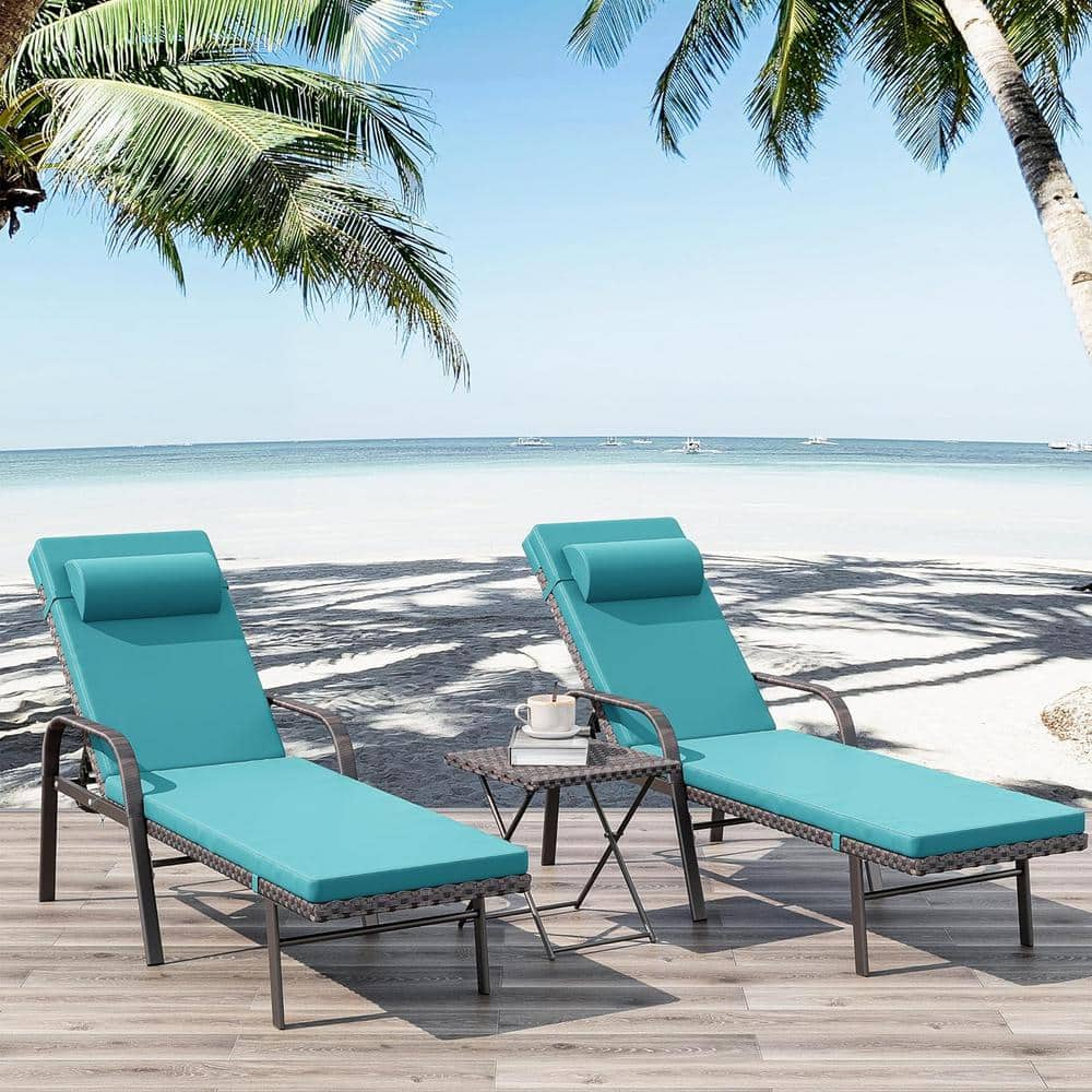 3 Piece Wicker Outdoor Folding Chaise Lounge with Table Armrest and Cushion Blue