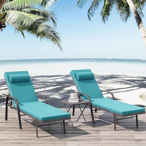 3-Piece Wicker Outdoor Folding Chaise Lounge with Table, Armrest and Cushion Blue