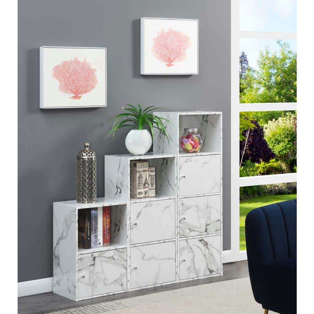 White Faux Marble 3-Door Office Storage Cabinet with Adjustable Shelving