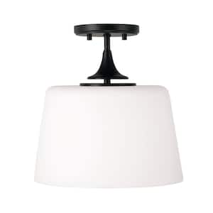 Presley 12 in. 1-Light Matte Black Transitional Semi Flush Mount With Soft White Glass Shade and No Bulbs Included