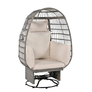 Gray Swivel Wicker Outdoor Lounge Chair, Rattan Egg Patio Chair with Rocking Function with Beige Cushions