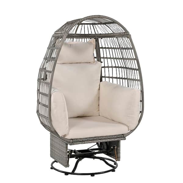 Angel Sar Gray Swivel Wicker Outdoor Lounge Chair, Rattan Egg Patio Chair with Rocking Function with Beige Cushions
