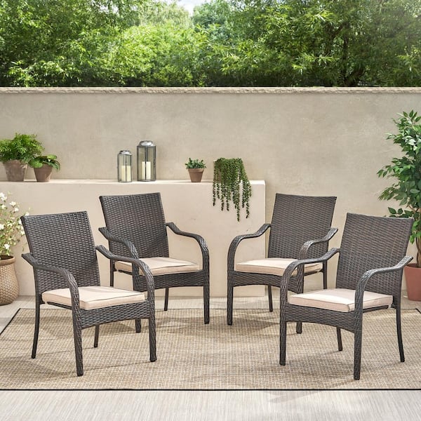 Unbranded All-Weather Outdoor Patio Brown Wicker Stacking Lounge Chairs with Tan Water-resistant Cushion (Set of 4)