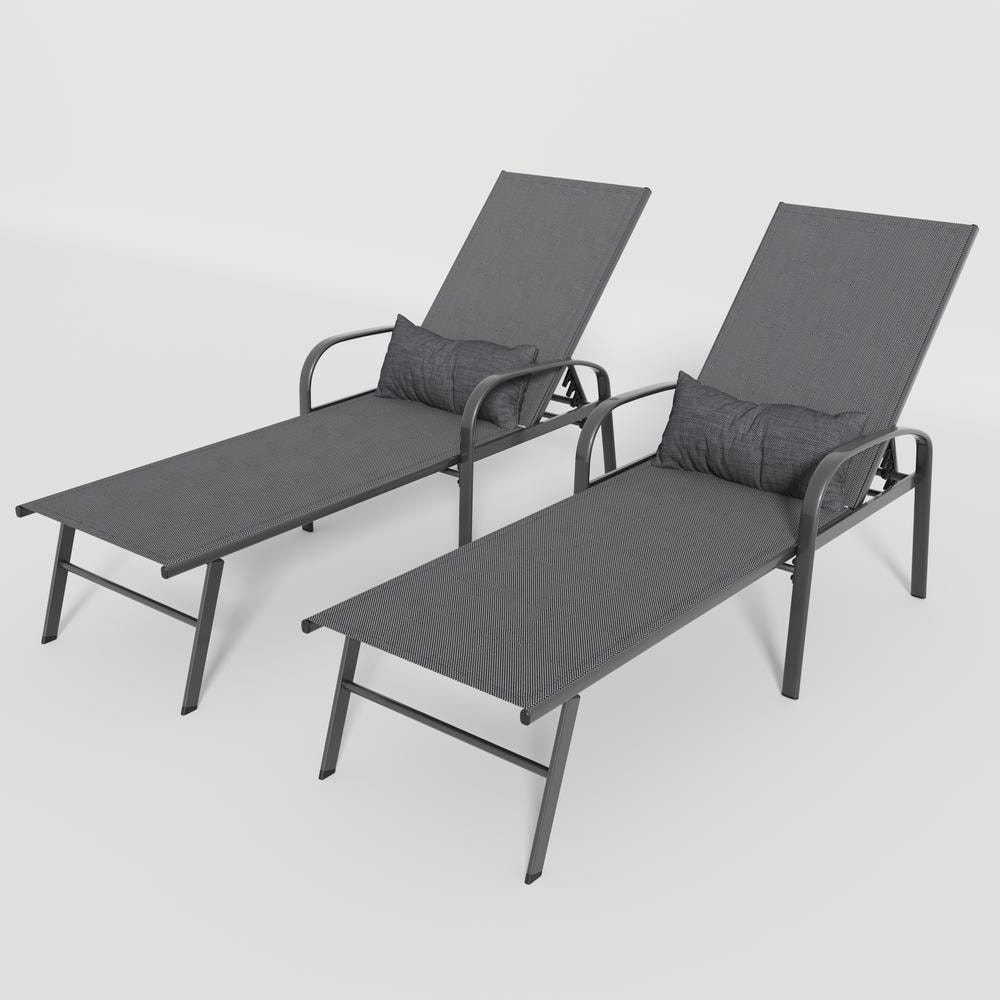 Lightweight Outdoor Gray Metal Patio Chaise Lounge with Pillow, Adjustable 