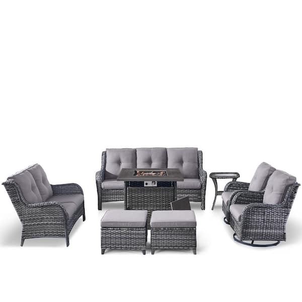 Gymojoy Carolina Gray 8-Piece Wicker Patio Fire Pit Seating Set with Gray Cushion