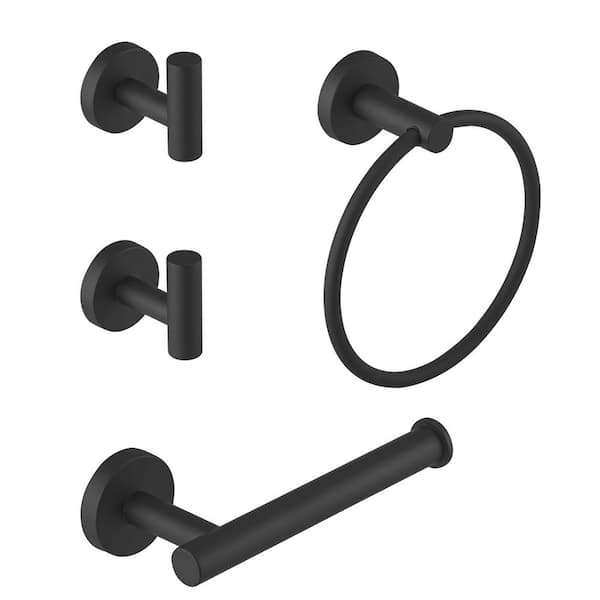HOMEMYSTIQUE Bathroom Hardware 4-Piece Bath Hardware Set with Towel Ring, Robe Hook, Toilet Paper Holder in Matte Black