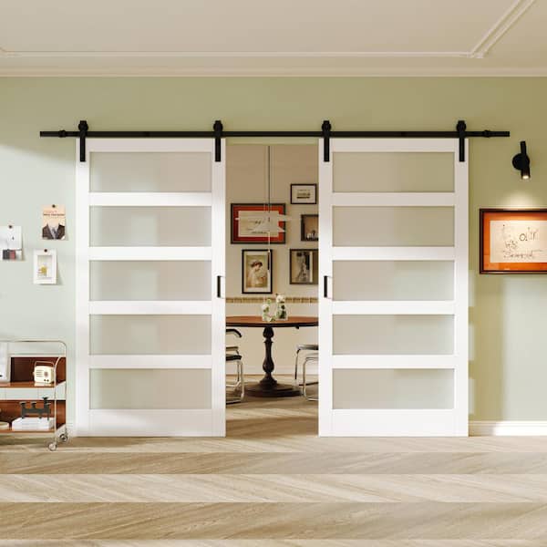 96 in. x 84 in. 5 Equal Lites with Frosted Glass White MDF Interior Sliding Barn Door with Hardware Kit