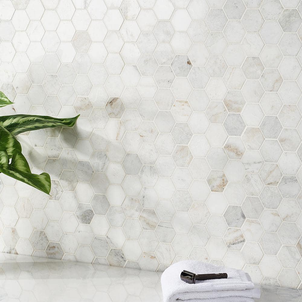 Frost White Polished Marble Hexagon Mosaic Tile 12" x 12"