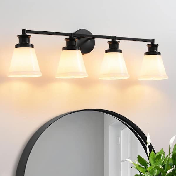 KAISITE 32 in. 4-Light Matte Black Modern Vanity Light with Milk White Glass Shade Farmhouse Bathroom Light Fixture Wall Sconce