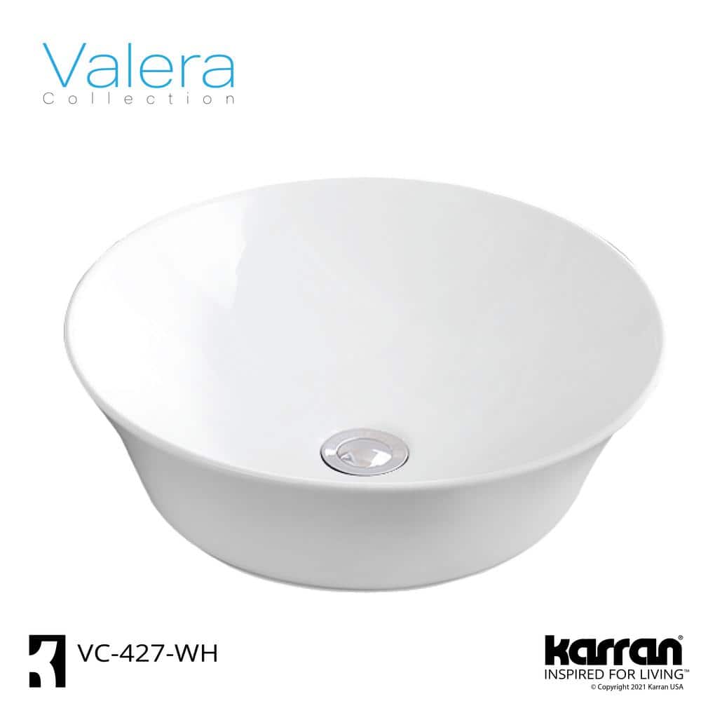 Valera White Ceramic Round Vessel Bathroom Sink, 16.5 inches