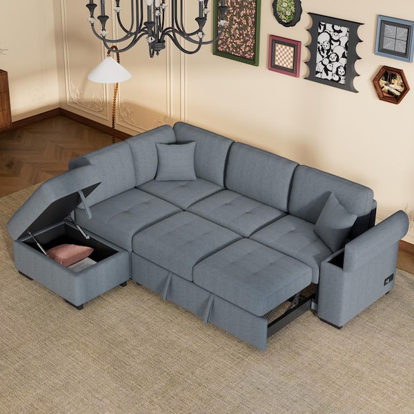 Harper & Bright Designs 85 in. Linen Sectional Sofa in. Dark Gray with Ottoman, Pull-out Sofa Bed, Hidden Arm Storage, USB Charging Ports