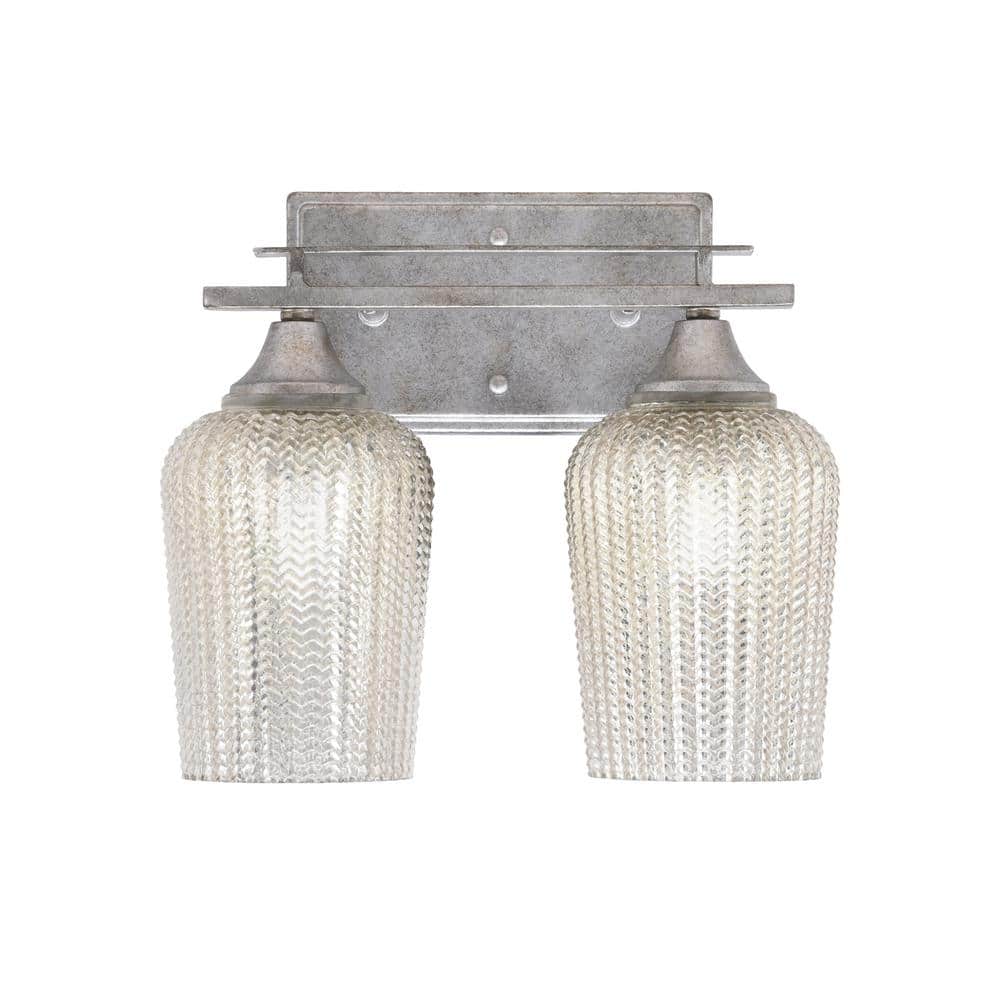 Ontario 12.25 in. 2-Light Vanity Light Aged Silver Silver Textured Glass Sh