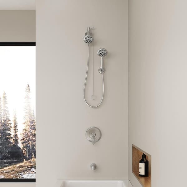 8-Spray Stainless Steel 5 in. Round Dual Wall Mount Fixed and Handheld Shower Head w Water Distribution Valve in Chrome