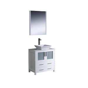 Torino 30 in. Vanity in White with Glass Stone Vanity Top in White and Mirror (Faucet Not Included)