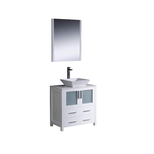 Fresca Torino 30 in. Vanity in White with Glass Stone Vanity Top in White and Mirror (Faucet Not Included)