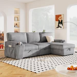 Multi-Functional 96.1 in. Gray Pull-out Twin Size Sofa Bed with Side Storage Bags, 2 Cup Holders on Arm, Hidden Storage