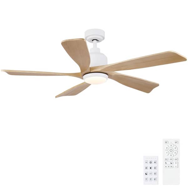 TeakAura 52 in. Indoor Matte White Standard Ceiling Fan with Light, Remote Control Included and Natural Wood Blades