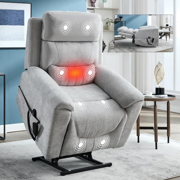 Boyel Living Light Gray Dual Motor Chenille Power Lift Recliner Chair with  8-Point Vibration Massage and Lumbar Heating BL-CN453LGYC