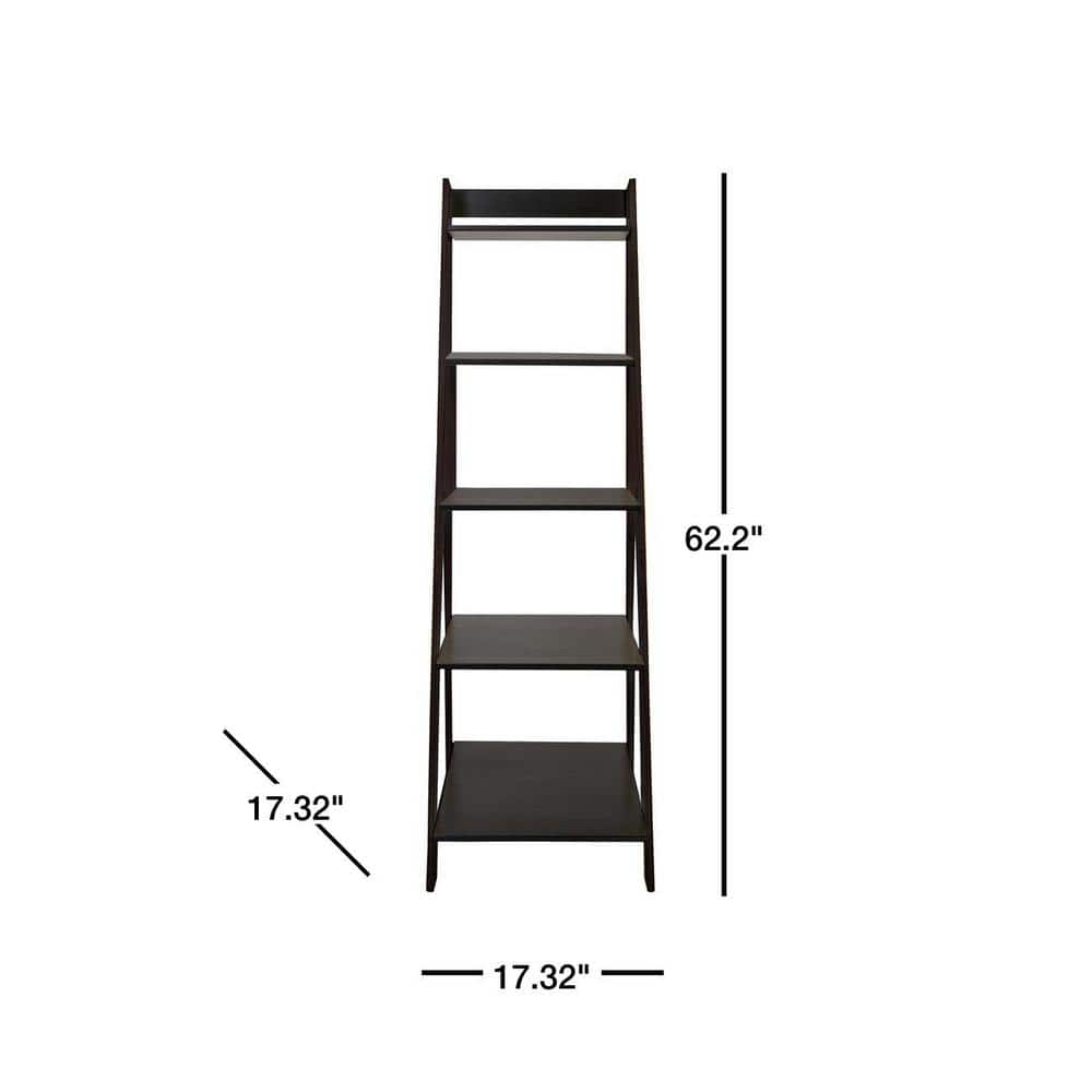 Sleek Black Solid Wood 5-Shelf Freestanding Ladder Bookcase
