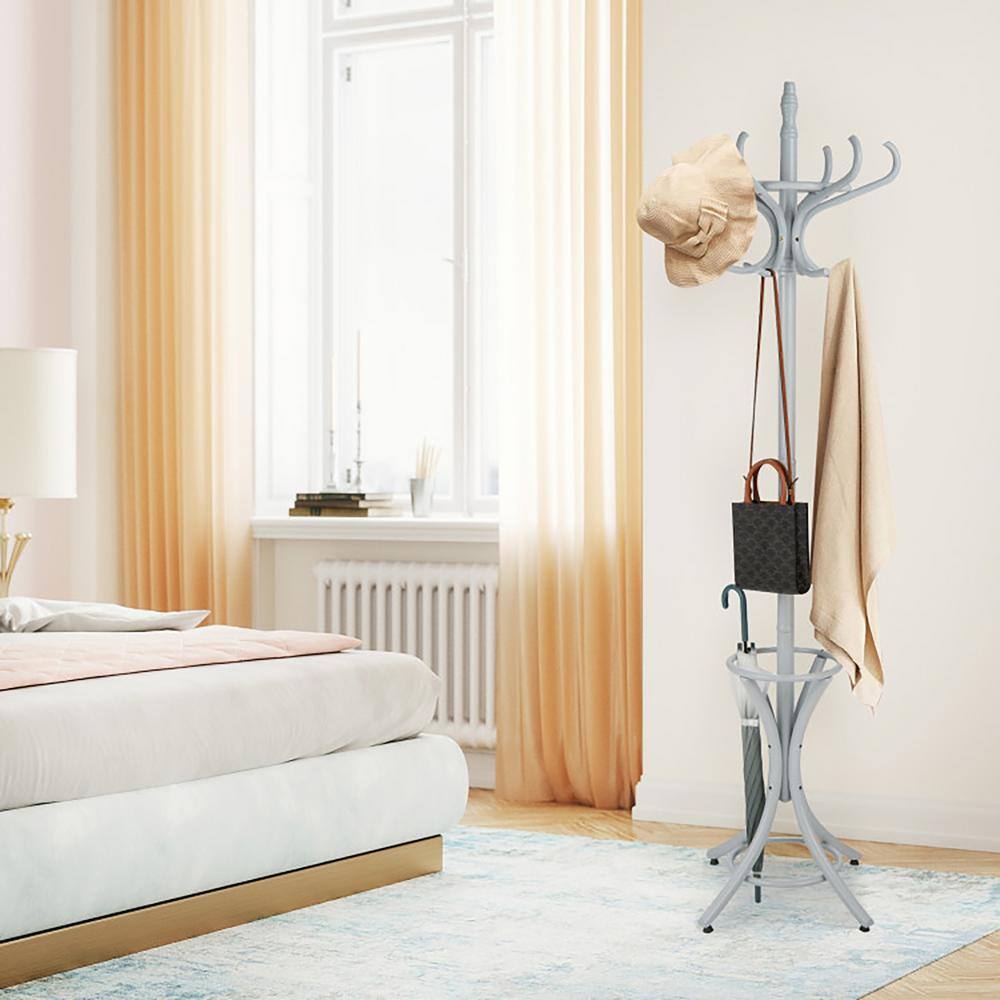 Gray Birch Wood Standing Coat Rack with Umbrella Holder
