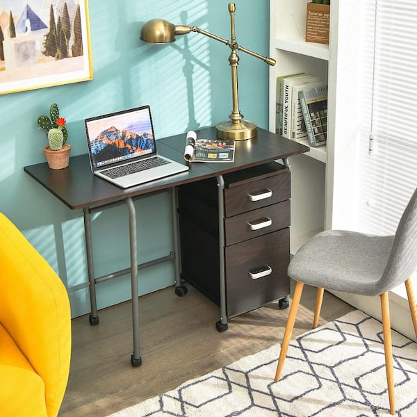 41.5 in. Brown Folding Computer Laptop Desk Wheeled Home Office Furniture with 3-Drawers