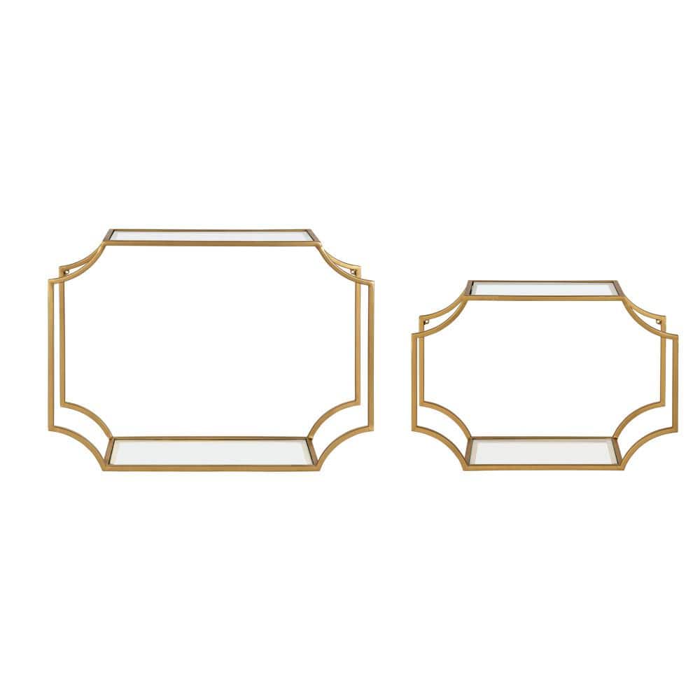 Gold Metal and Glass Floating Wall Shelf Set