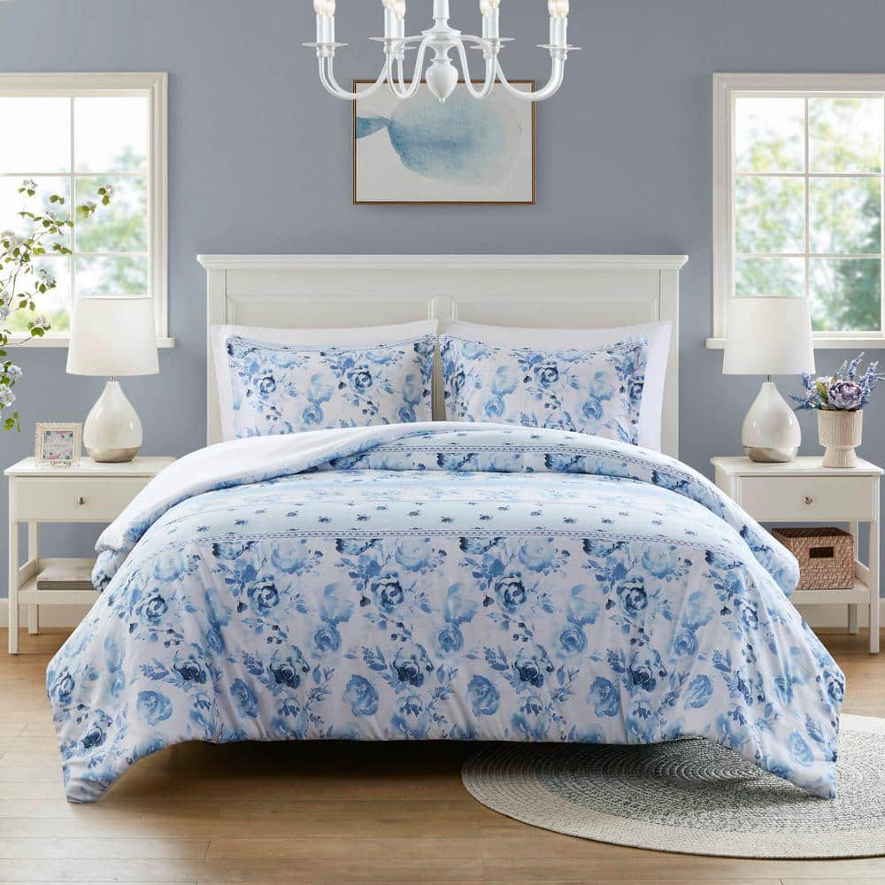Blue Floral Striped Twin/Twin XL Microfiber Duvet Cover Set