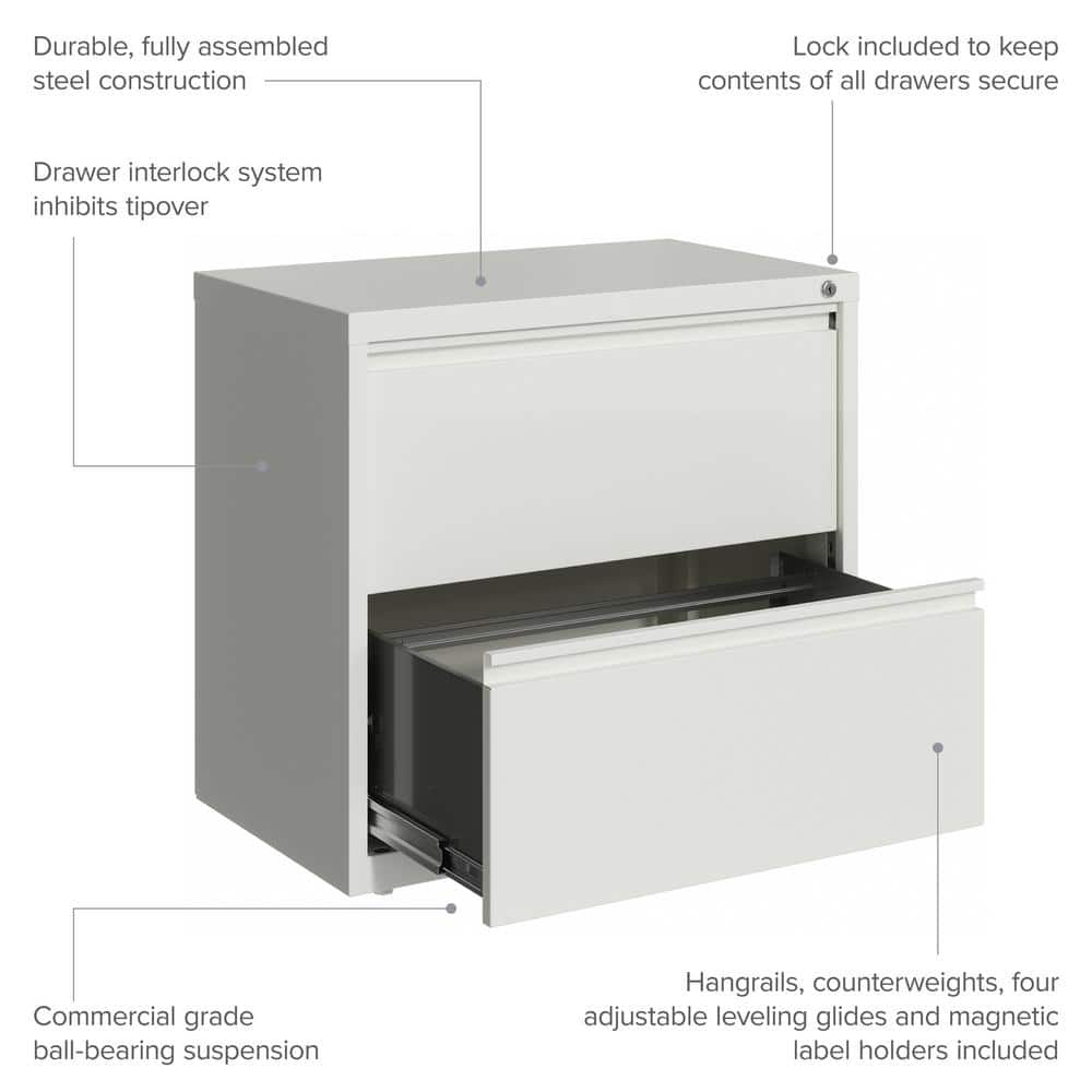 White 30-Inch Wide 2-Drawer Lockable Metal Lateral File Cabinet