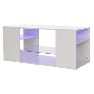 39.37 in. White Rectangle MDF 16-Color LED Coffee Table with 3 Shelves with 4mm Glass Shelf