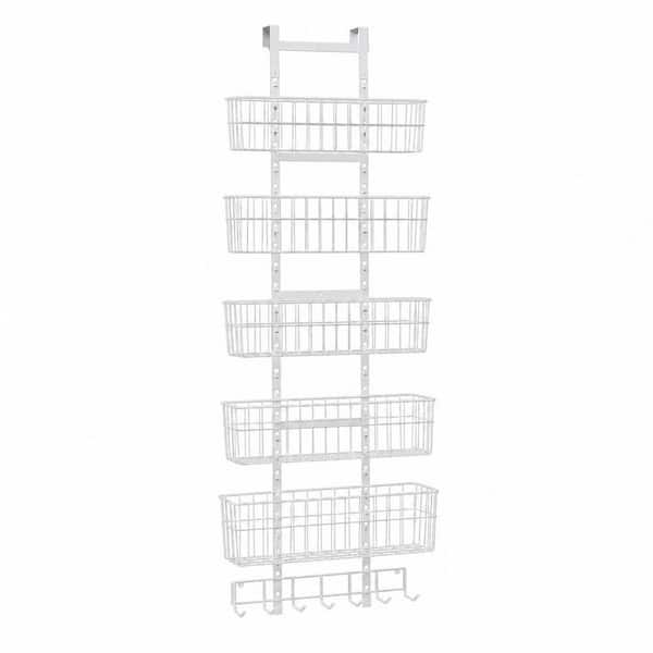 Adjustable White Metal Hanging Door Organizer with 5 Wire Basket 7 Hooks, Wall Mounted Shelf for Pantry Organization