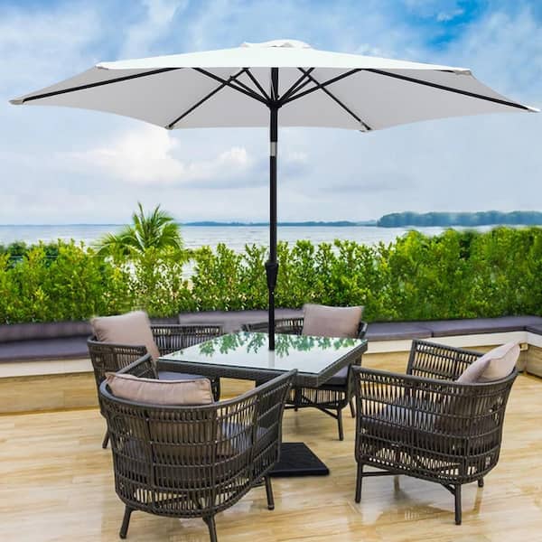 8.8 ft. Aluminum Patio Market Umbrella with 42 Pounds Base, Push Button Tilt and Crank Lift in Creme