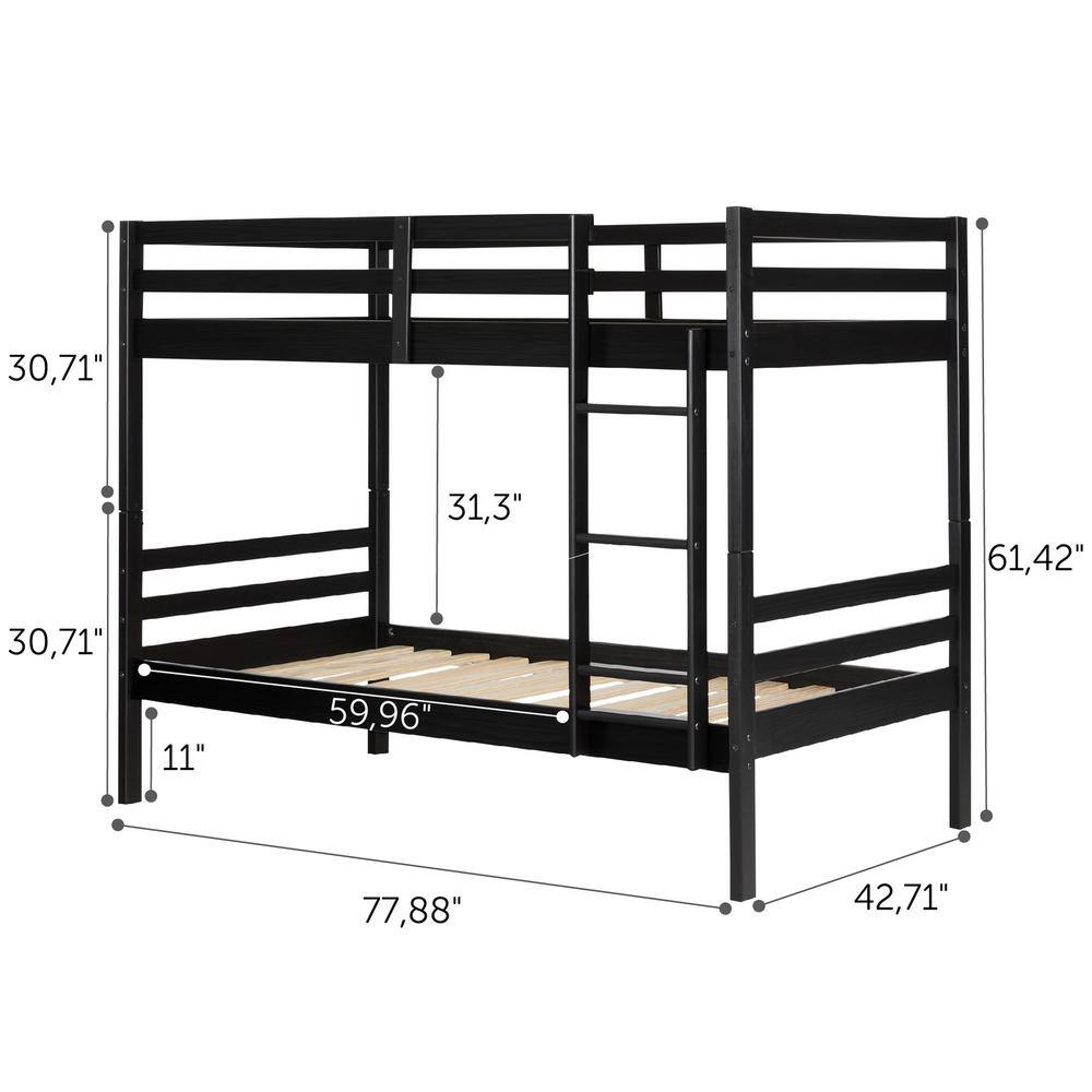 Twin Matte Black Pine Wood Bunk Bed Frame with Headboard
