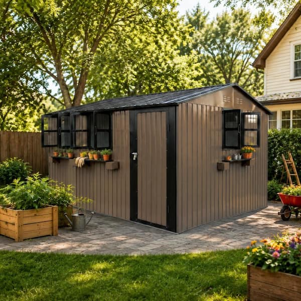 Brown 12 ft. x 10 ft. Heavy Duty Metal Storage Shed with 3 Clear Windows, Flower Rack and Lockable Single Door for Patio