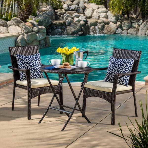Noble House Elba Brown 3-Piece Faux Rattan Round Outdoor Bistro Set with Cream Cushions
