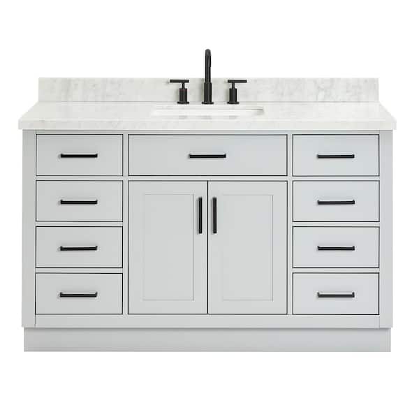 Hepburn 55 in. W x 22 in. D x 36 in. H Bath Vanity in Grey with Carrara Marble Vanity Top in White with White Basin