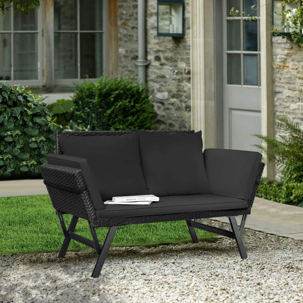 Foredawn Wicker Outdoor Day Bed Convertible Patio Couch with Black