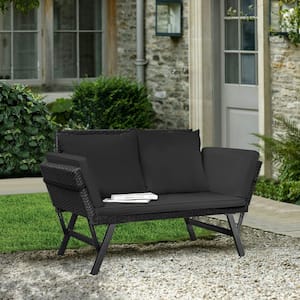 Wicker Outdoor Day Bed Convertible Patio Couch with Black Cushion and Pillow