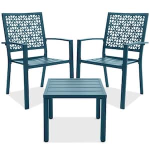 Peacock Blue 3-Piece Metal Outdoor Patio Bistro Set with 2 Stackable Chairs and Table